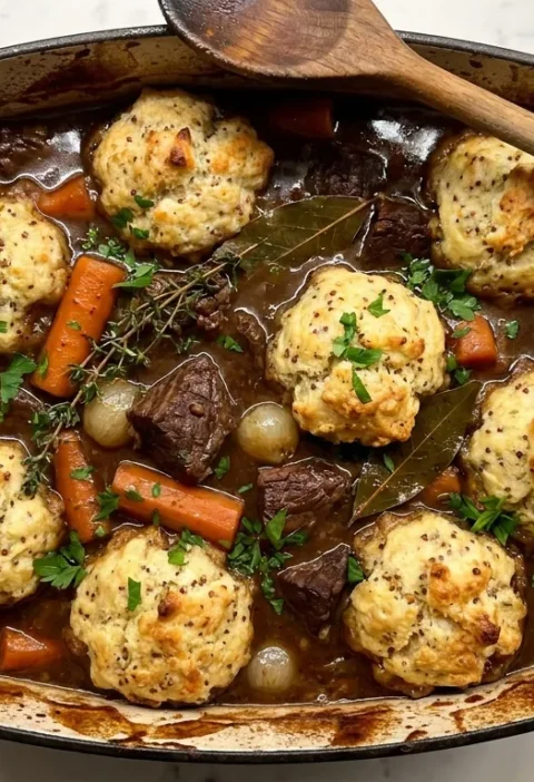 Gordon Ramsay beef stew and dumplings in a cast iron casserole with ale gravy, carrots, and pearl onions