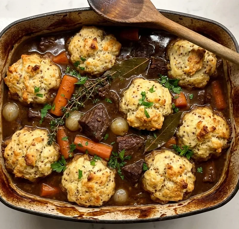 Gordon Ramsay beef stew and dumplings in a cast iron casserole with ale gravy, carrots, and pearl onions