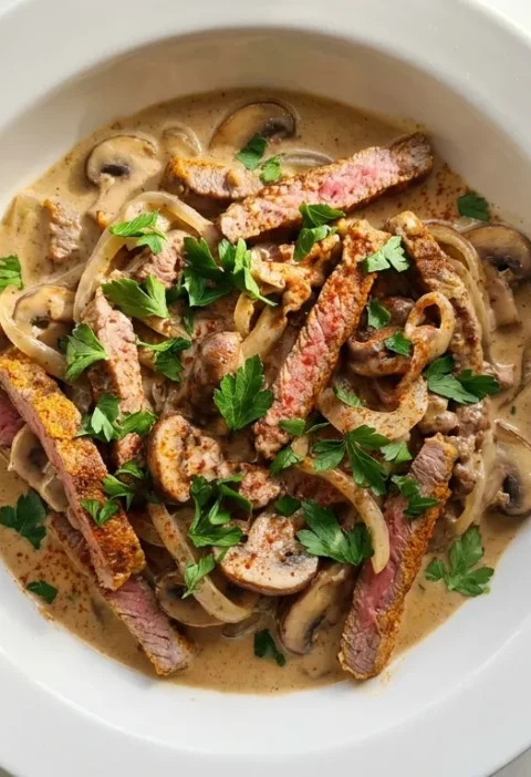 Gordon Ramsay beef stroganoff with seared fillet strips and chestnut mushrooms in sour cream sauce