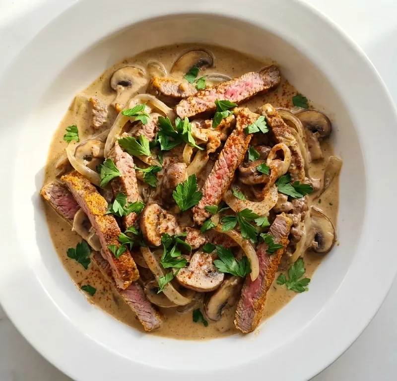 Gordon Ramsay beef stroganoff with seared fillet strips and chestnut mushrooms in sour cream sauce