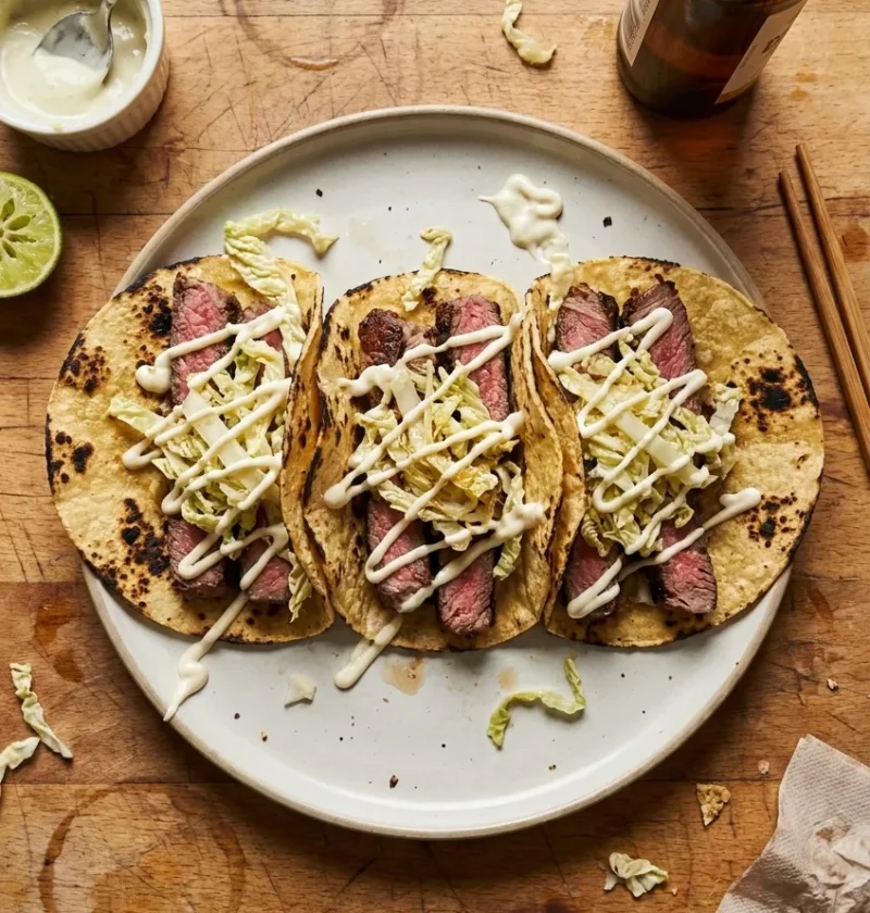Three beef tacos in charred corn tortilla shells with pink medium-rare sirloin slices pale pickled Chinese cabbage and wasabi mayo drizzle on a plate