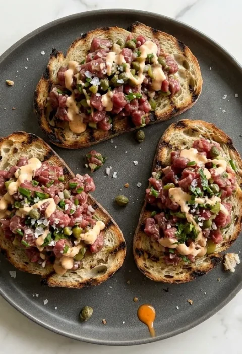 Gordon Ramsay beef tartare hand-diced on charred garlic bread with capers, cornichons and sauce drizzle
