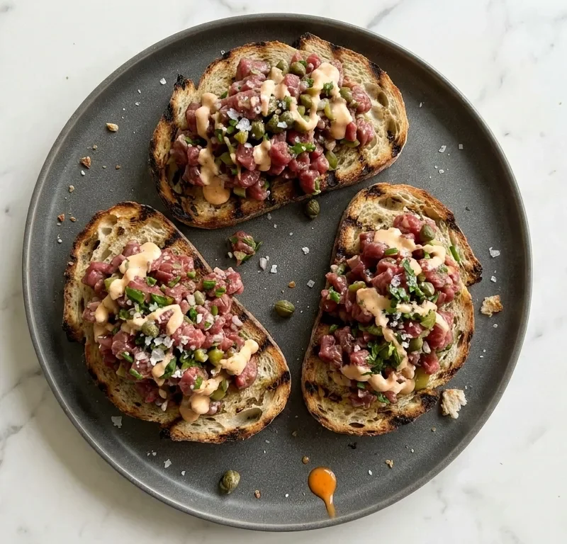 Gordon Ramsay beef tartare hand-diced on charred garlic bread with capers, cornichons and sauce drizzle