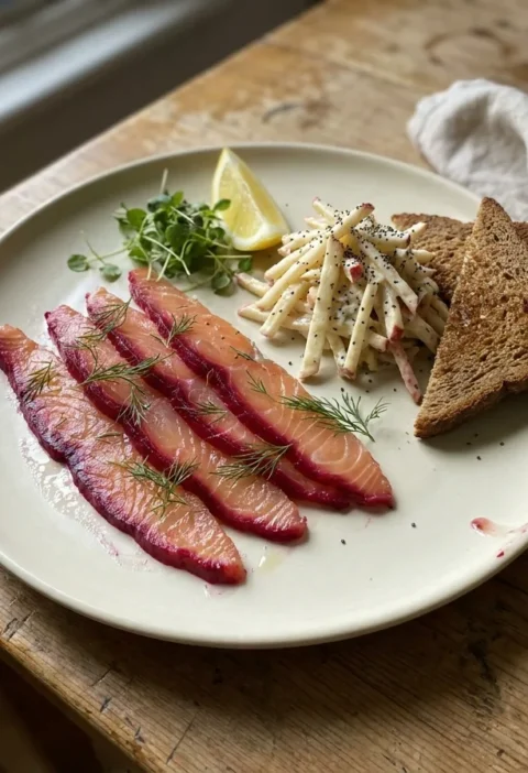 Gordon Ramsay beetroot cured salmon sliced into thin ruby-edged strips with apple and celeriac remoulade and rye toast