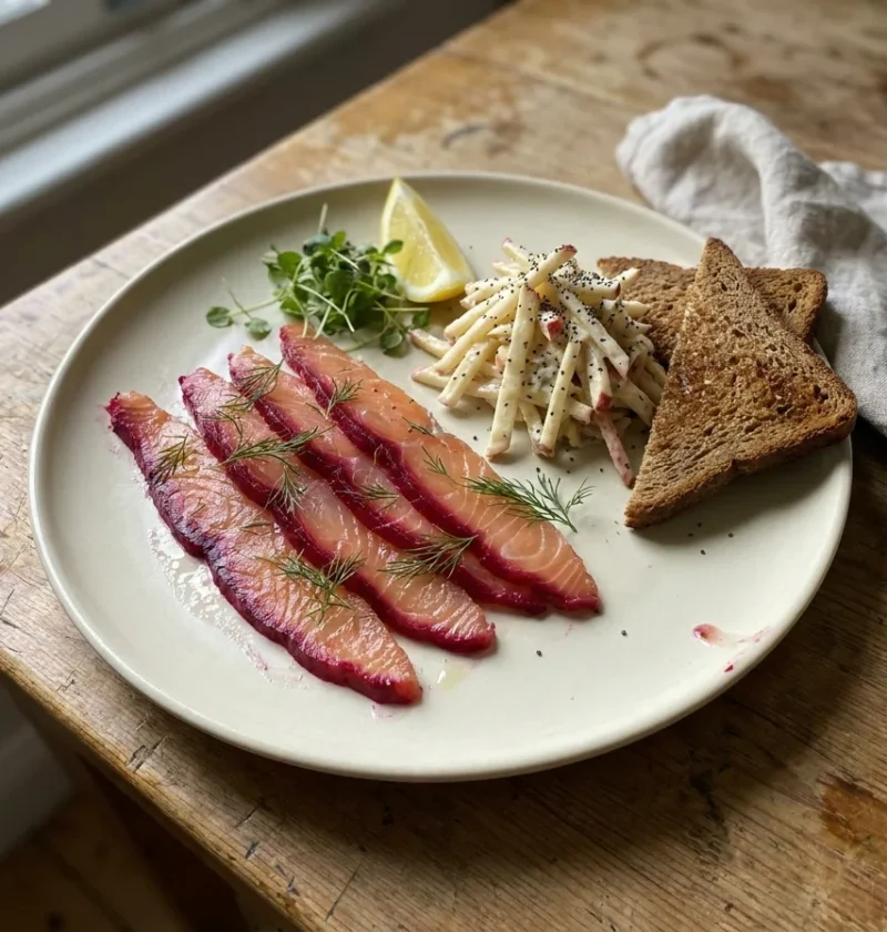 Gordon Ramsay beetroot cured salmon sliced into thin ruby-edged strips with apple and celeriac remoulade and rye toast