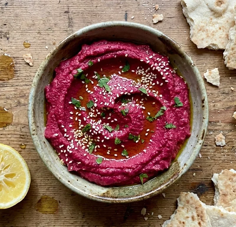 Gordon Ramsay beetroot hummus with za'atar sprinkle sesame seeds and marjoram in a ceramic bowl with torn pitta bread and lemon