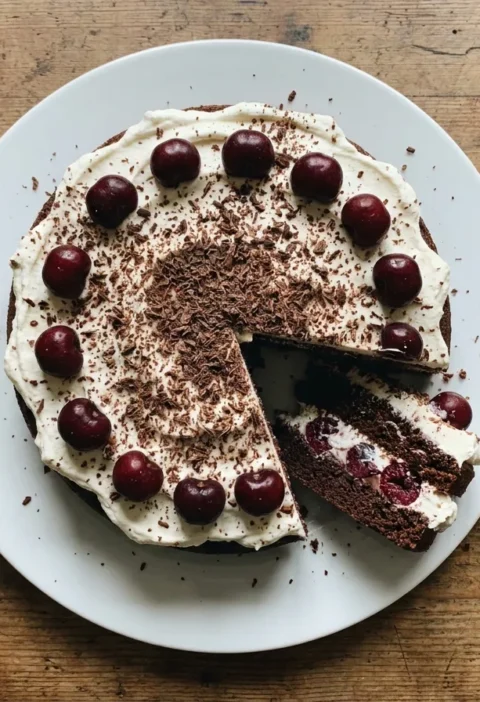 Gordon Ramsay Black Forest gateau, dark chocolate sponge layered with cherries and cream, topped with grated chocolate and whole cherries
