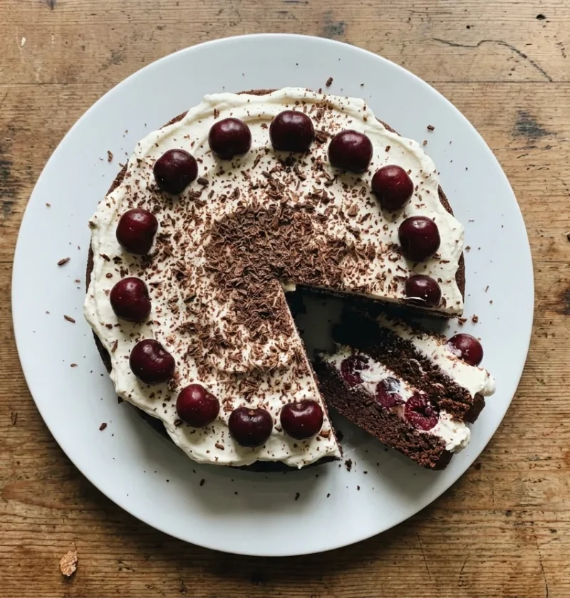 Gordon Ramsay Black Forest gateau, dark chocolate sponge layered with cherries and cream, topped with grated chocolate and whole cherries
