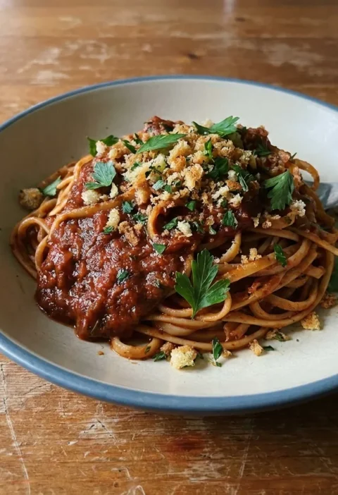 Gordon Ramsay bloody mary linguine, linguine in a rich red vodka-spiked tomato sauce topped with golden crispy parsley breadcrumbs in a bowl