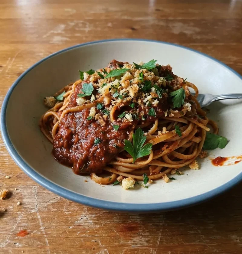 Gordon Ramsay bloody mary linguine, linguine in a rich red vodka-spiked tomato sauce topped with golden crispy parsley breadcrumbs in a bowl