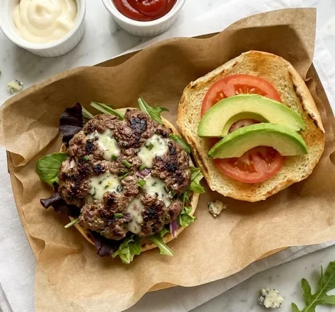 Gordon Ramsay blue cheese burger with crumbled blue cheese melted into the griddled patty, served open on brown paper with salad leaves, tomato and avocado