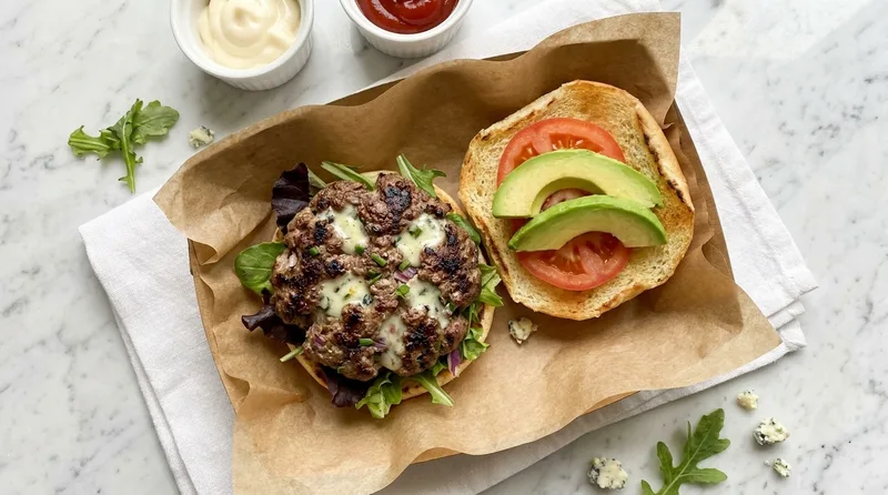 Gordon Ramsay blue cheese burger with crumbled blue cheese melted into the griddled patty, served open on brown paper with salad leaves, tomato and avocado