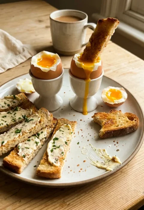 Gordon Ramsay soft boiled eggs in egg cups with runny yolk and anchovy butter soldiers with parsley