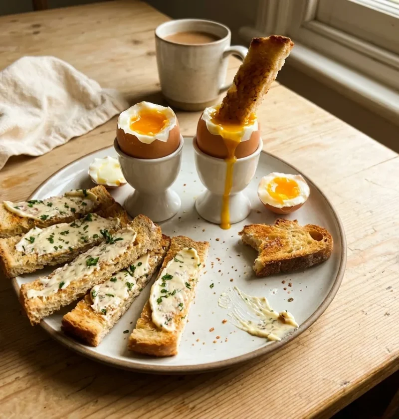 Gordon Ramsay soft boiled eggs in egg cups with runny yolk and anchovy butter soldiers with parsley