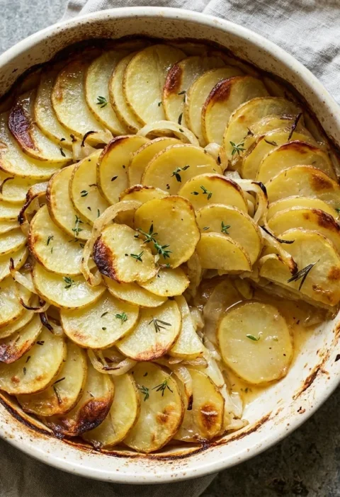 Gordon Ramsay boulangère potatoes, thinly sliced potatoes layered with onions and baked in herb stock until golden