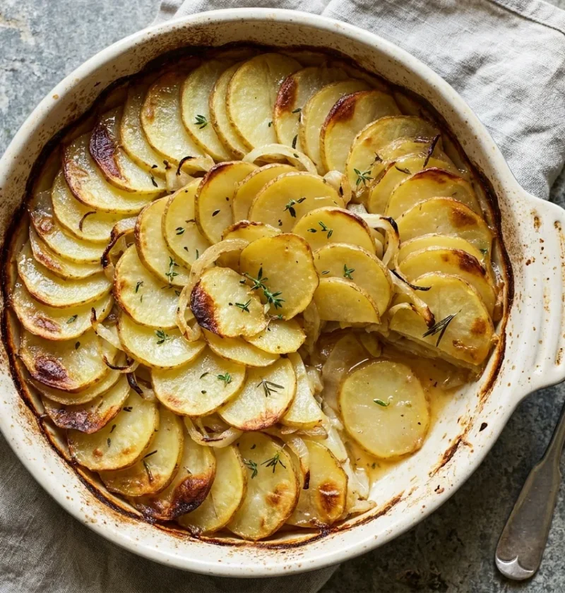 Gordon Ramsay boulangère potatoes, thinly sliced potatoes layered with onions and baked in herb stock until golden