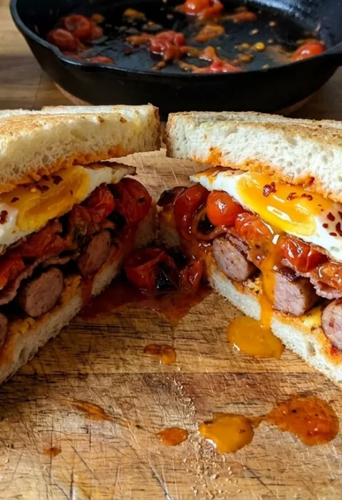 Gordon Ramsay breakfast sandwich cut in half showing layers of sausage bacon tomatoes and fried egg