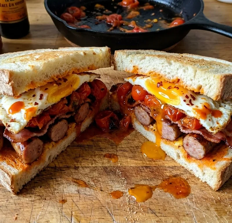 Gordon Ramsay breakfast sandwich cut in half showing layers of sausage bacon tomatoes and fried egg
