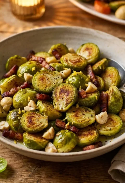 Gordon Ramsay Brussels sprouts with pancetta lardons chestnuts and lemon zest in serving bowl