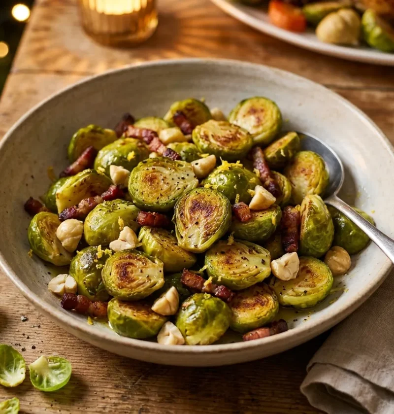 Gordon Ramsay Brussels sprouts with pancetta lardons chestnuts and lemon zest in serving bowl
