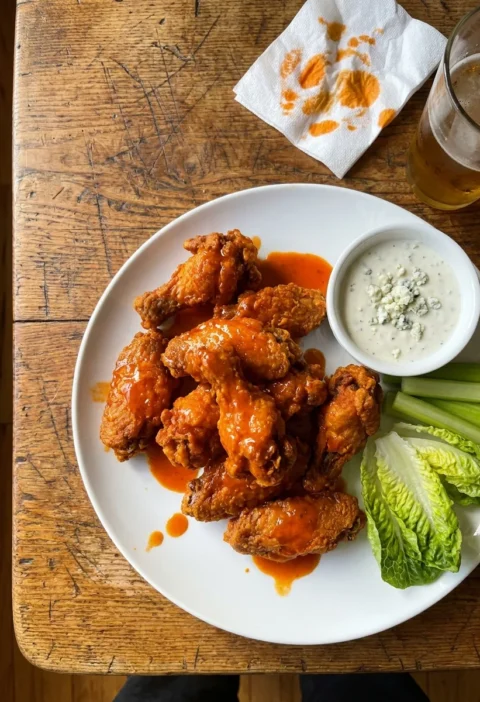 Crispy buffalo wings tossed in orange hot sauce with blue cheese dip celery and lettuce on a wooden table