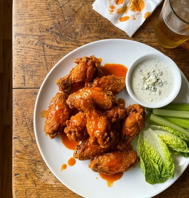 Crispy buffalo wings tossed in orange hot sauce with blue cheese dip celery and lettuce on a wooden table