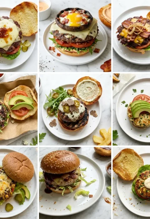 Nine Gordon Ramsay burger recipes in a grid: BSK beef burger, BBQ celebration burger with egg in mushroom, smash burger, blue cheese, truffle, chicken, veggie, pork and turkey burgers