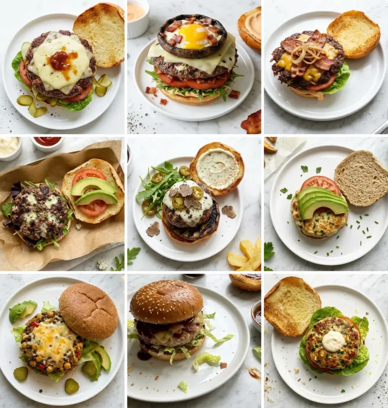Nine Gordon Ramsay burger recipes in a grid: BSK beef burger, BBQ celebration burger with egg in mushroom, smash burger, blue cheese, truffle, chicken, veggie, pork and turkey burgers