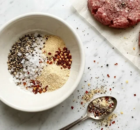 Gordon Ramsay burger seasoning blend of sea salt, cracked black pepper, onion powder, garlic powder and chilli flakes in a white bowl beside raw seasoned beef patties