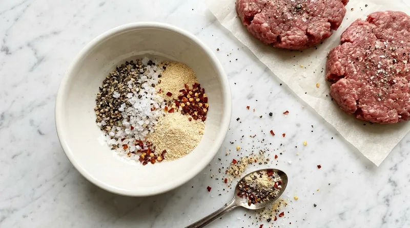 Gordon Ramsay burger seasoning blend of sea salt, cracked black pepper, onion powder, garlic powder and chilli flakes in a white bowl beside raw seasoned beef patties