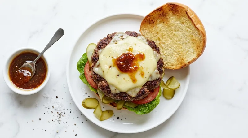 Gordon Ramsay BSK burger with thick beef patty, double melted Monterey Jack and Char Siu butter, lettuce, tomato and gherkins on a toasted brioche bun