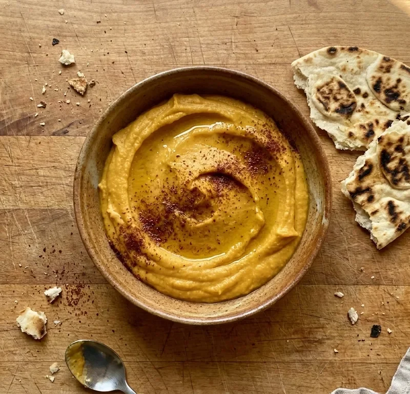 Gordon Ramsay butternut squash hummus with ras el hanout spice blend in a ceramic bowl with griddled pitta bread on a wood table