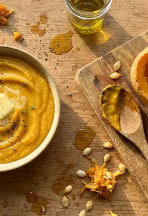 Gordon Ramsay butternut squash puree in a ceramic bowl with butter and thyme next to a scraped roasted squash half on a cutting board