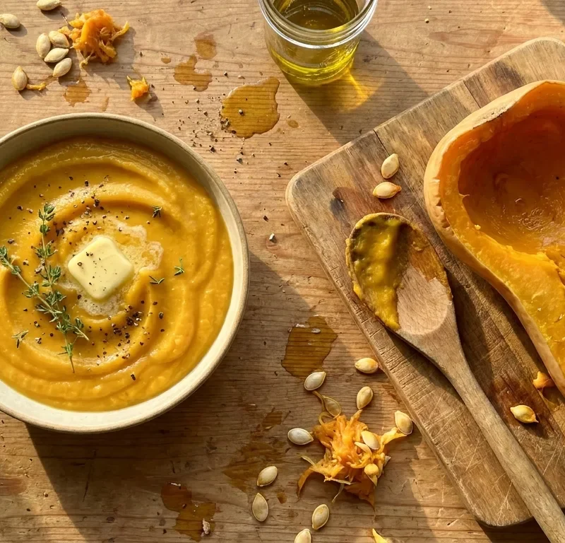 Gordon Ramsay butternut squash puree in a ceramic bowl with butter and thyme next to a scraped roasted squash half on a cutting board
