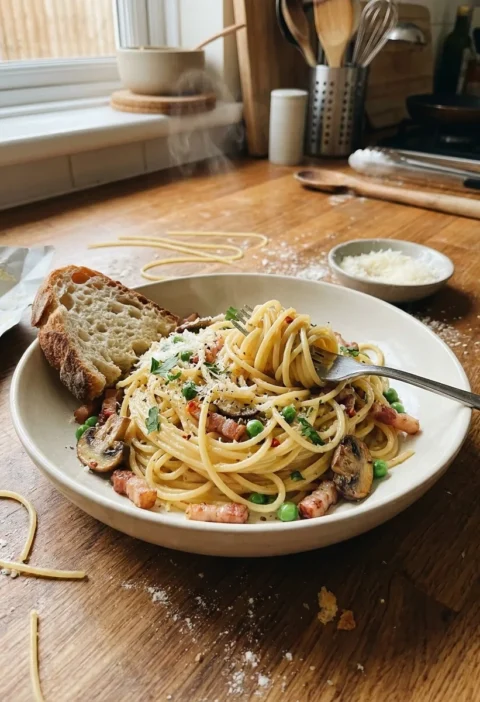 Gordon Ramsay carbonara with bacon mushrooms peas and chilli on a wooden worktop