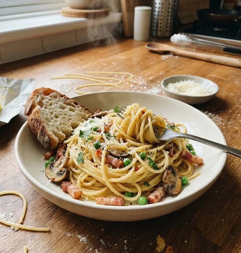 Gordon Ramsay carbonara with bacon mushrooms peas and chilli on a wooden worktop