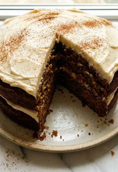 Gordon Ramsay carrot cake with mascarpone icing sliced on a plate