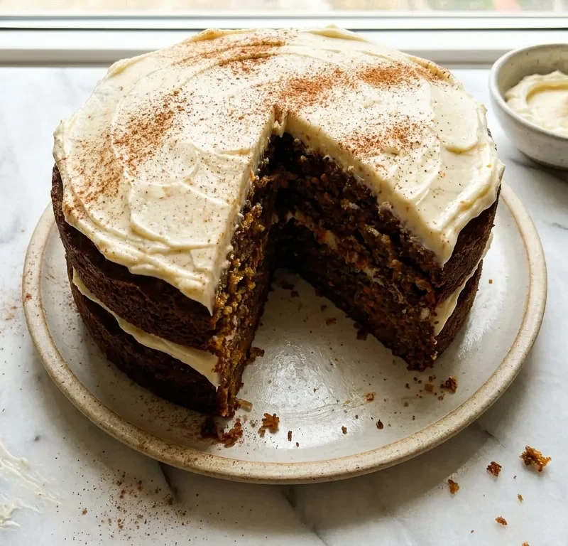 Gordon Ramsay carrot cake with mascarpone icing sliced on a plate