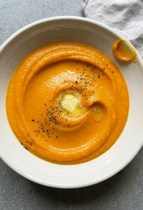 Gordon Ramsay carrot puree, smooth orange sieved puree topped with butter and black pepper