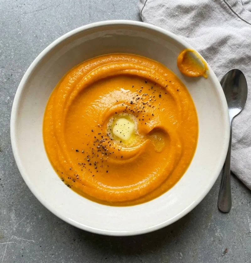 Gordon Ramsay carrot puree, smooth orange sieved puree topped with butter and black pepper