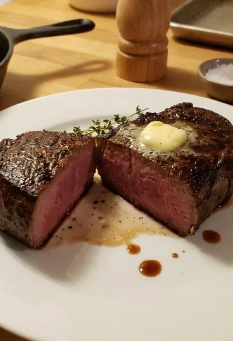 Gordon Ramsay cast iron steak sliced tenderloin with medium-rare interior