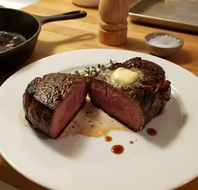 Gordon Ramsay cast iron steak sliced tenderloin with medium-rare interior