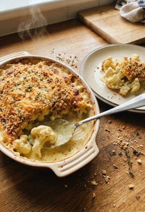 Gordon Ramsay cauliflower cheese with golden breadcrumb and thyme crust in a gratin dish