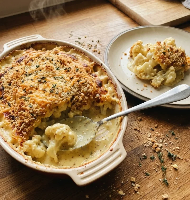 Gordon Ramsay cauliflower cheese with golden breadcrumb and thyme crust in a gratin dish