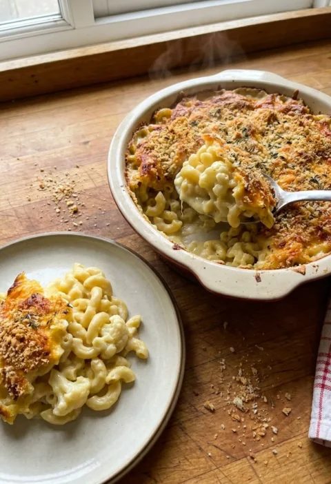 Gordon Ramsay cauliflower mac and cheese bake with golden breadcrumb crust and macaroni in cheese sauce