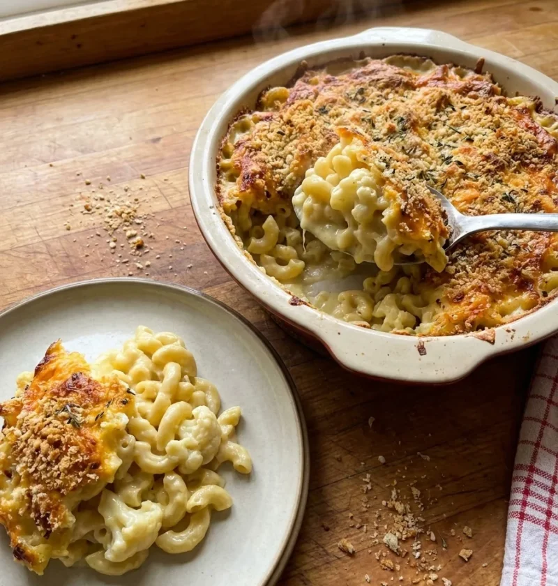 Gordon Ramsay cauliflower mac and cheese bake with golden breadcrumb crust and macaroni in cheese sauce