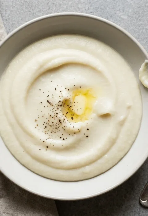 Gordon Ramsay cauliflower puree, smooth and silky white puree topped with butter and black pepper