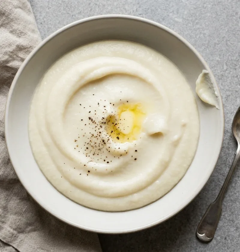 Gordon Ramsay cauliflower puree, smooth and silky white puree topped with butter and black pepper