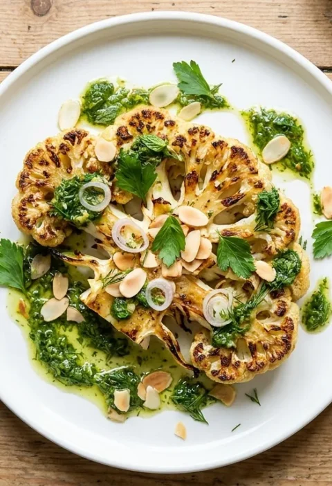 Gordon Ramsay cauliflower steak with salsa verde and toasted almonds on a white plate