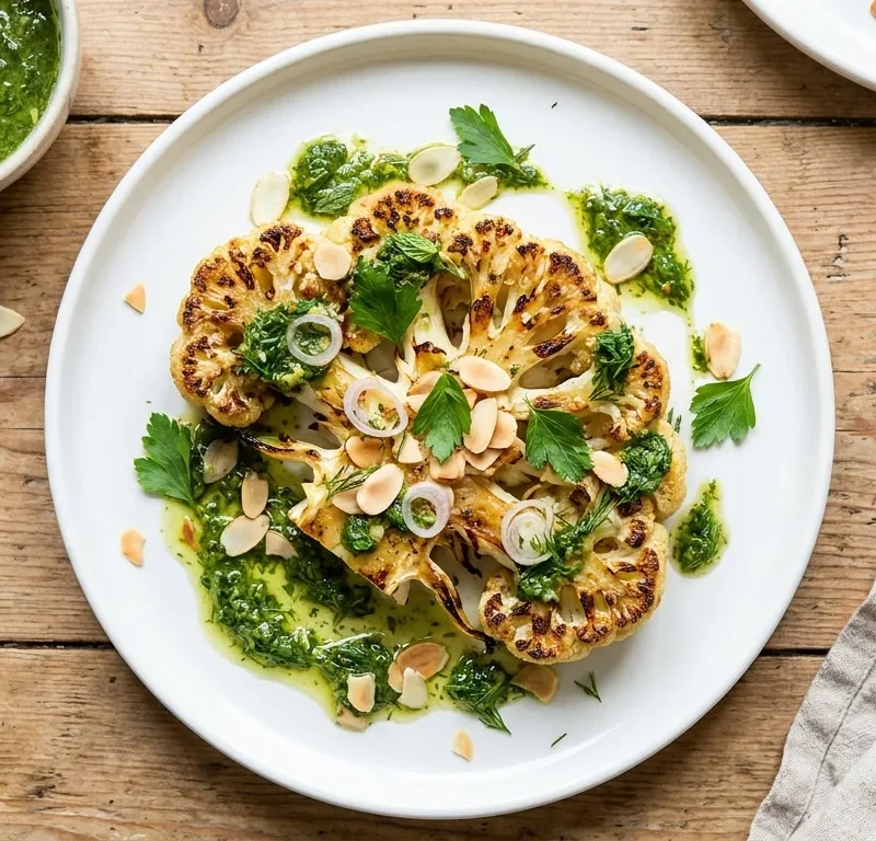Gordon Ramsay cauliflower steak with salsa verde and toasted almonds on a white plate